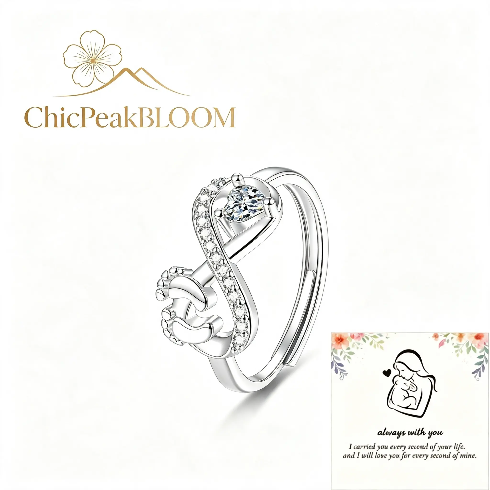 Mommy of an Angel Miscarriage Rings, Female Silver Color Baby Footprint Infinity Heart Cubic Zirconia Ring, Statement Ring, Artificial Gemstone Ring