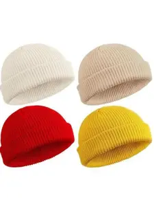 Men's Fisherman Beanie Hat Set, Short Knitted Sleeveless Fishing Cap, Unisex Skullcap with Curled Edge, 2 or 4 Pieces, Knit Hats