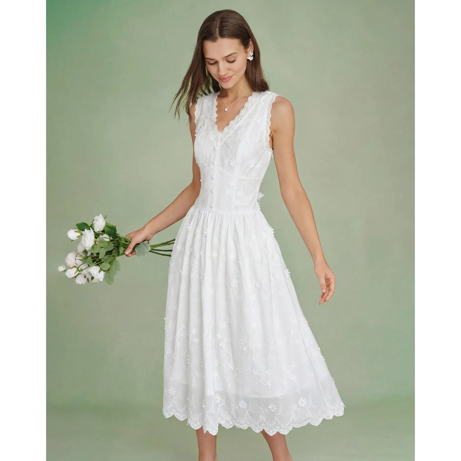 White V Neck Embroidery Midi Dress
