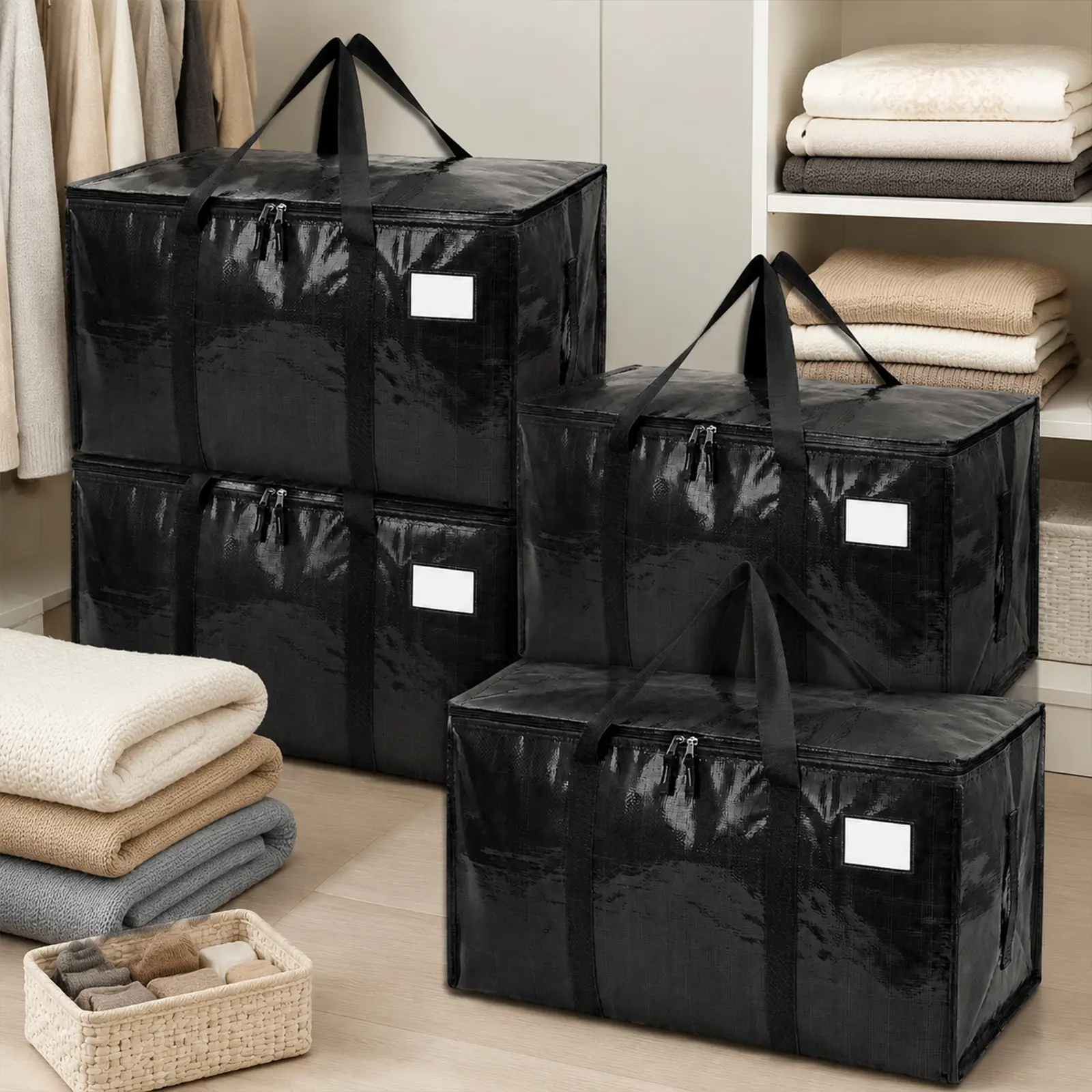 4 Pack Extra Large Foldable Heavy Duty Moving Bags, Waterproof Storage Tote Bags with Reinforced Handles & Zippers, Household Organizer for College Dorm Travel Moving Black