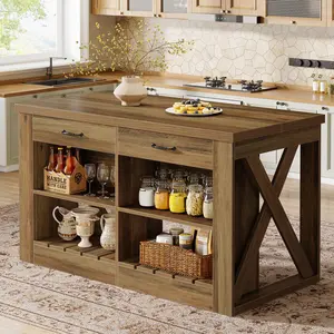 Tribesigns 55" Farmhouse Kitchen Island Table With Storage, Wooden Bar Table With Drawers and Shelf