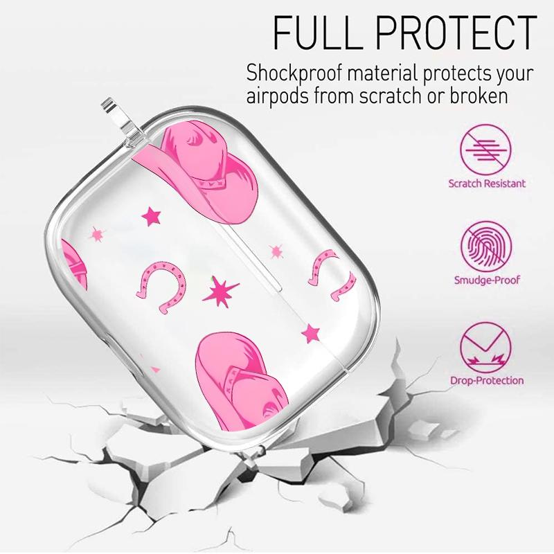 Pink Cowboy Dream Pattern TPU Soft Protective Case for Apple AirPods 4/3/2/1/Pro/Pro2 Transparent Earphone Cover with Keychain Attachment
