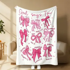 God Says I Am Coquette Bow Throw Blanket, Inspirational Bible Verse Affirmation Blanket, Soft Warm Faith Home Decor Blanket, Cozy Comfort Blanket for Prayer Night, Ideal Spiritual Christian Gift for Women & Christian Girls
