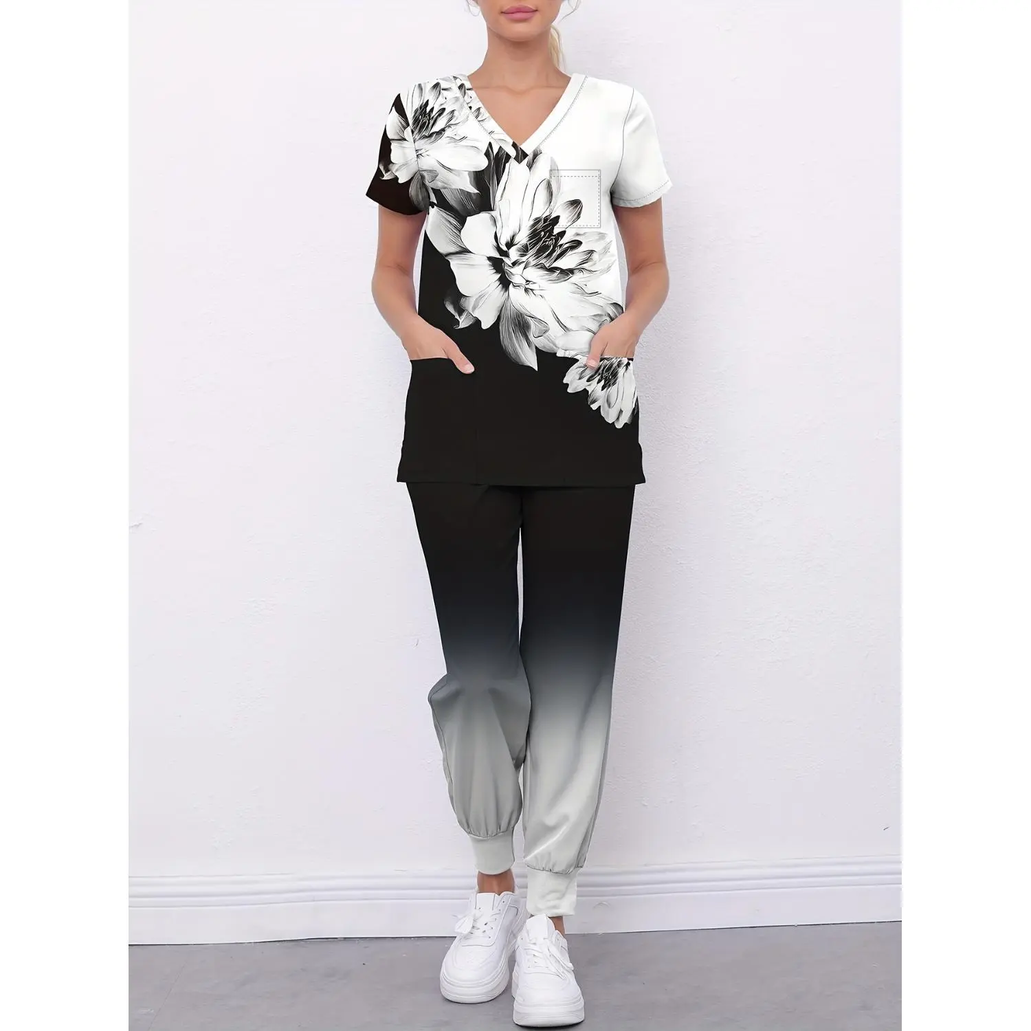 2-Piece Women's V-Neck Brushed Pocketed Uniform Set with Ankle-Tied Pants