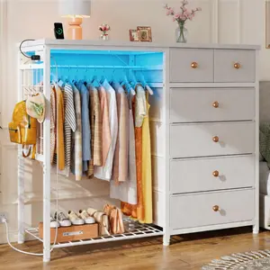 Raybee 49.2" W 6 Drawer Dresser for Bedroom with Hanging Rack, Home Organizer Dresser with LED Lights & Charging Station, Fabric Dressers & Chest of Drawers with Clothes Rack, Wooden Top, Grid Panel, Small Space Storage Unit for Living Room, Closet
