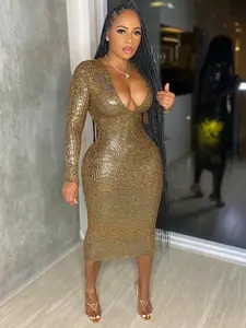 Sheik Apparell European And American Women's Clothing Temperament Fashionable Deep V-Golden Fabric Dress