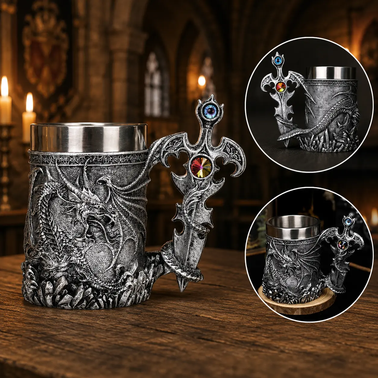 The Armored Kingdom 17oz Customised Gothic Fantasy Ancient Silver Sentinel Dragon Stainless Steel Mug - Dishwasher Safe, Reusable Kitchenware Drinkware Tumbler