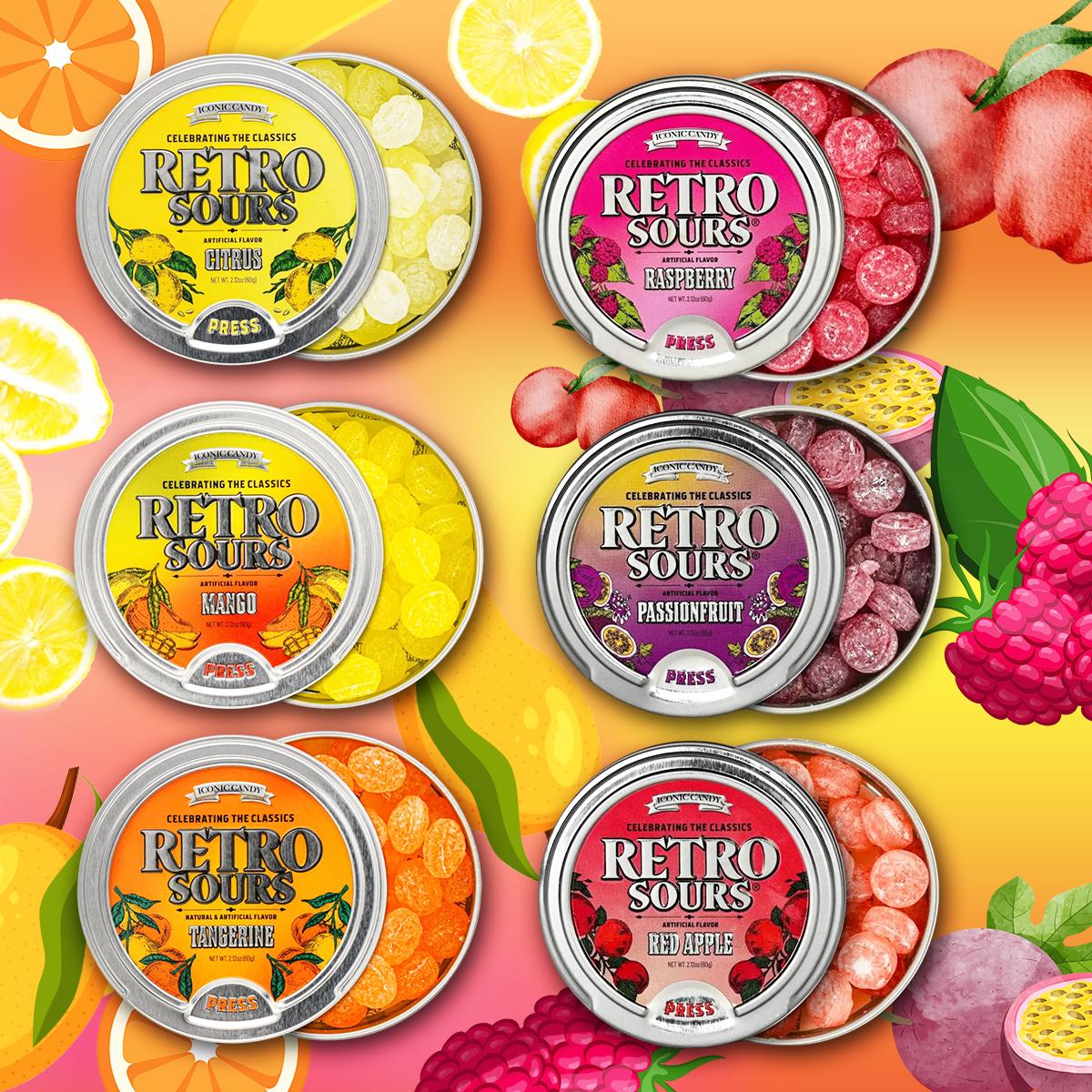 Retro Sour Tins 6 Pack Hard Tangy Candy Tangerine Raspberyy Apple Passionfruit Mango Citrus Flavored Tin Tiktok Candy 6