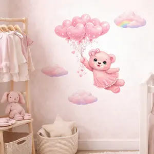 Pink Teddy Bear Wall Decals with Heart Balloons Cloud Rainbow Stars, Removable Watercolor Nursery Wall Stickers for Baby Girls Bedroom, Kids Room, Playroom, Living Room Decor
