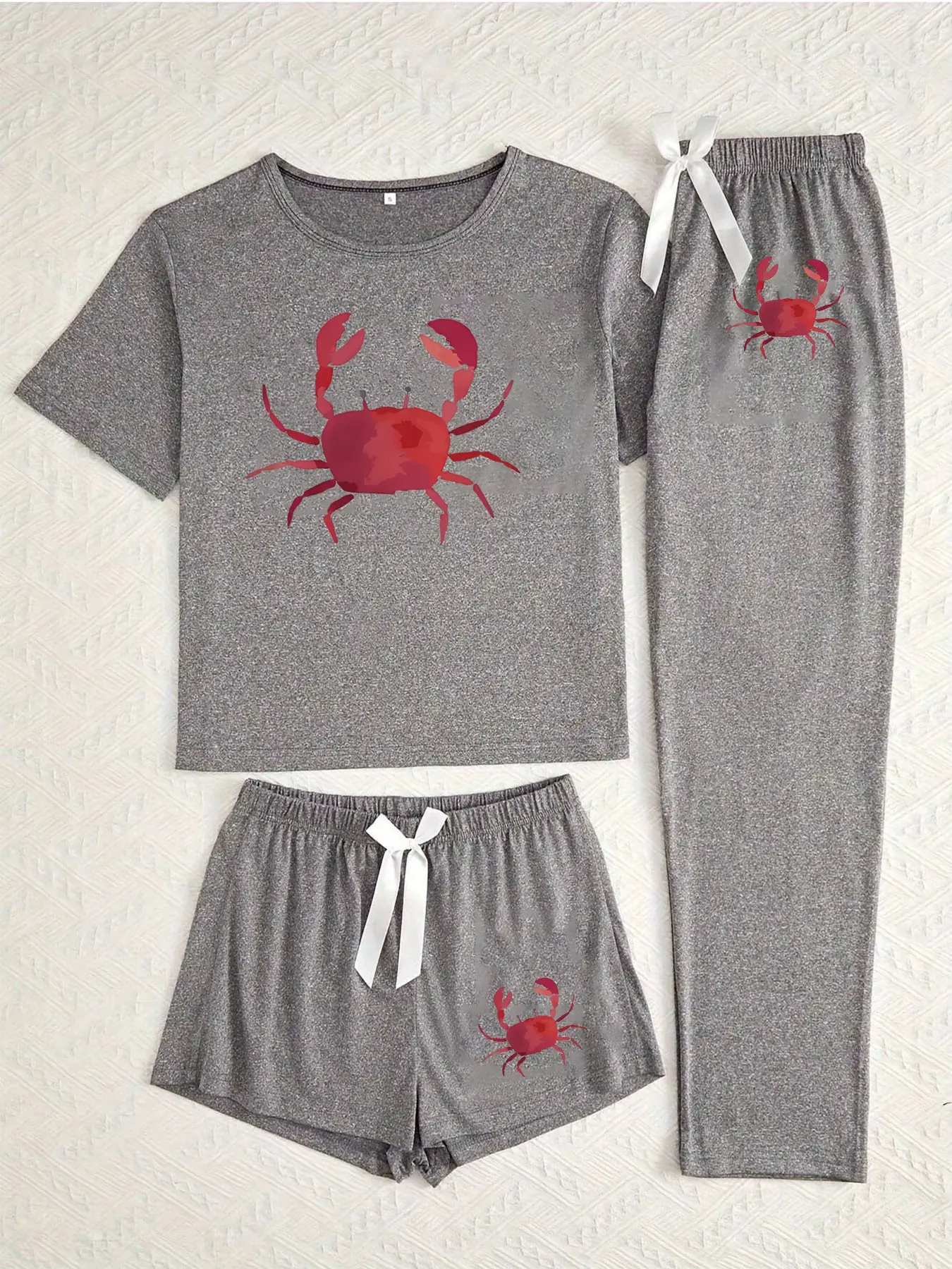 Crab Three-Piece Home Wear Set, Chic Loungewear Set, Women, Loose-Fitting Cartoon Pattern, Casual Style, Everyday, All Seasons, Comfortable and Stylish Sleepwear, Loungewear, Pajamas