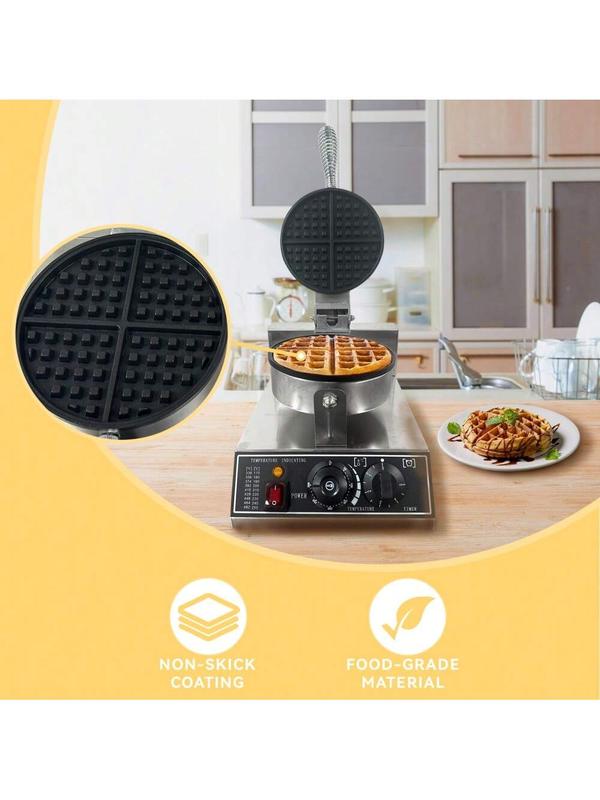 Commercial Waffle Maker,1200 W Round Nonstick Waffle Iron, Rotatable Waffle Baker Machine With 122-572℉ Temp Range And Time Control, Stainless Steel Waffle Maker Eflon-Coated Baking Pan