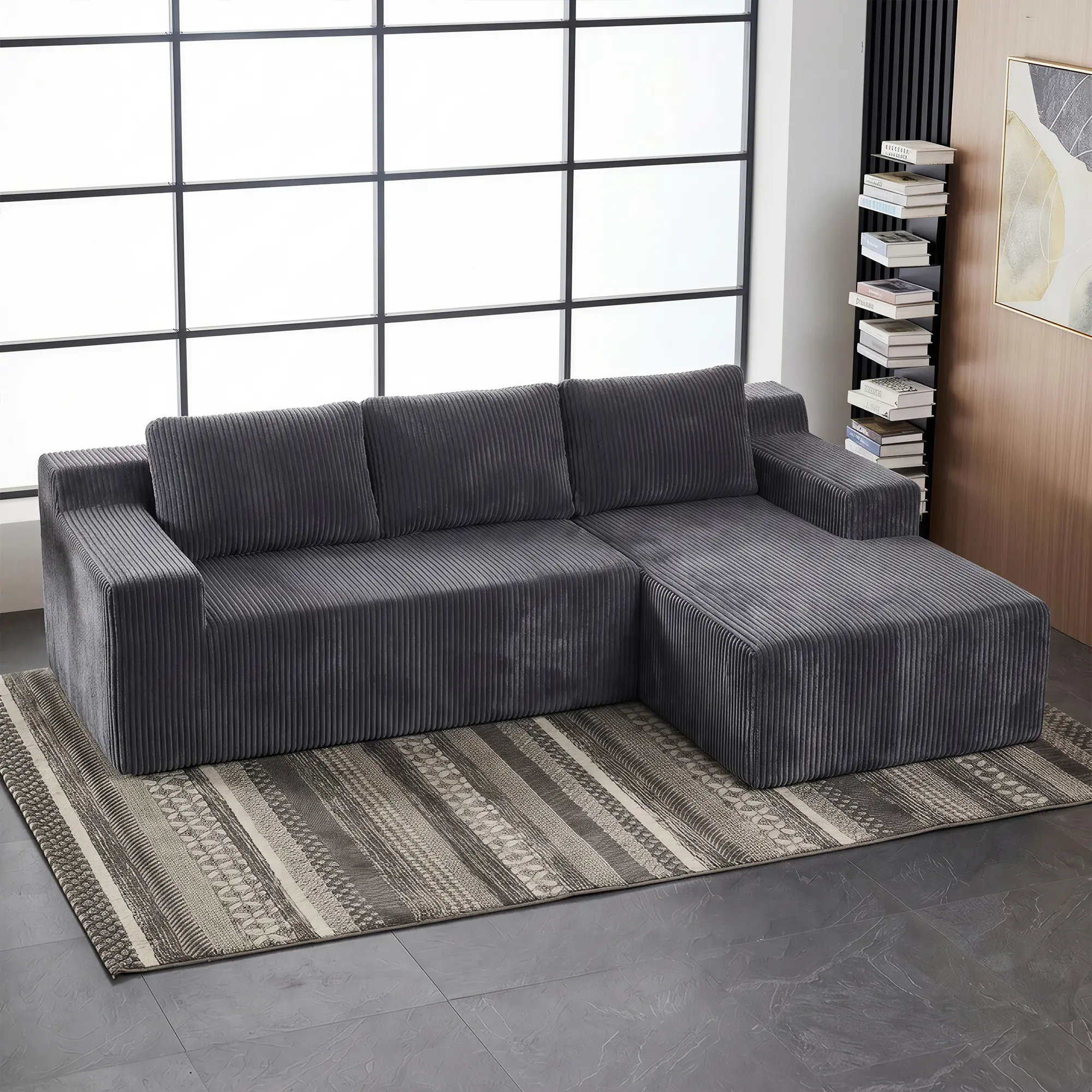 Eyisean 96.5" Corduroy Boneless Cloud Couch, Modern Modular Sectional Sofa with Chaise & Back Cushion, Oversized 3 Seater L-Shaped Floor Couch, Deep Seat Sofa for Living Room, Bedroom, No Assembly Required