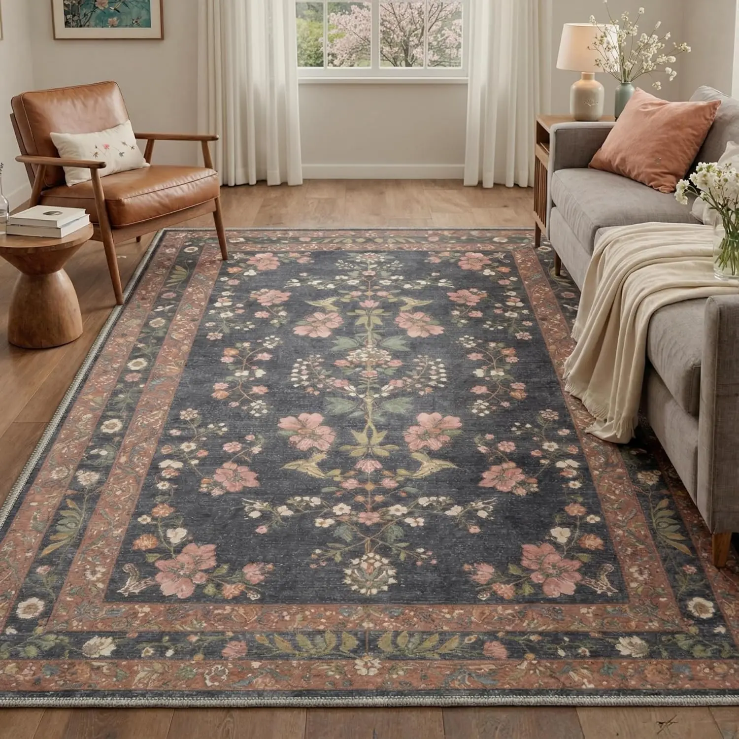 【Deals For You Days】BEIMO 5x7 Area Rugs for Living Room, Machine Washable Non Slip Vintage Rugs, Low Pile Lightweight Chenille Print Rug for Bedroom, Dining Room, Home Office, Dusty Charcoal