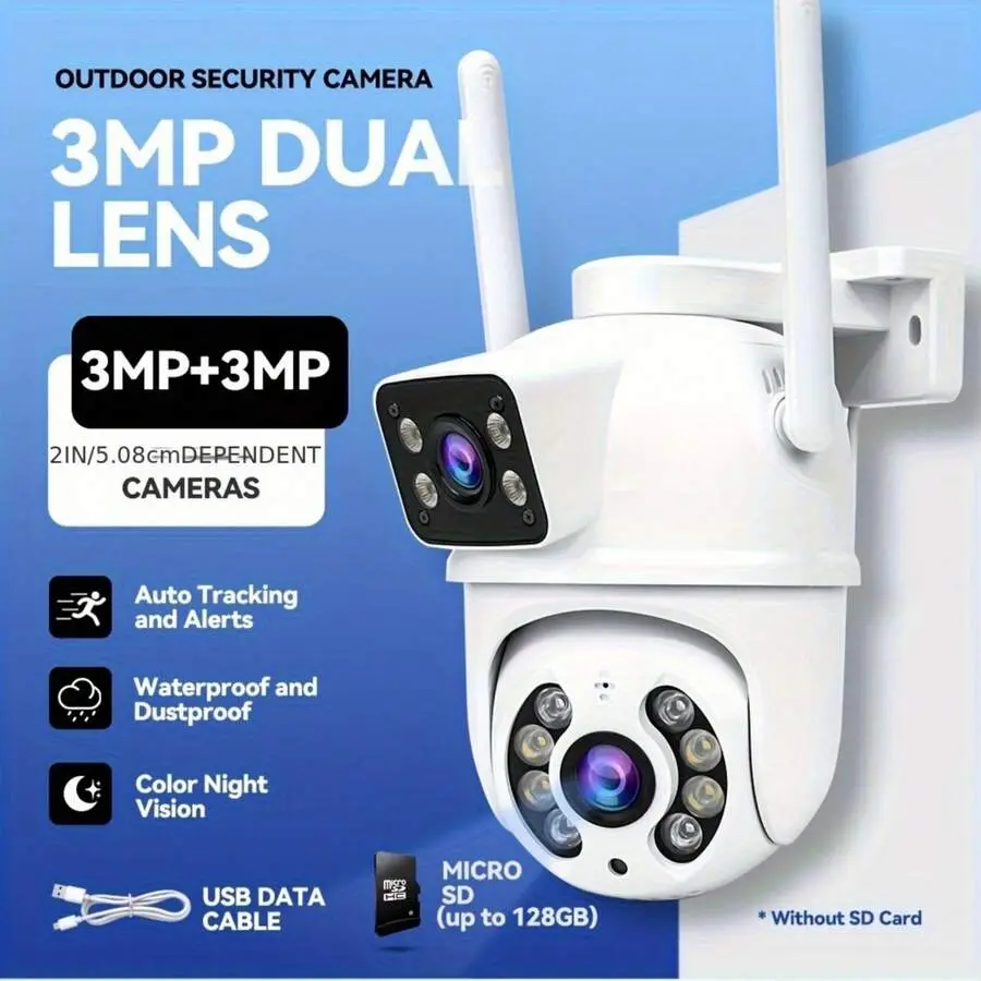 Dual-Lens Wireless Monitoring Camera, 2.4GHz App-Controlled Camera With Motion Tracking Two-Way Audio Night Vision And Storage Support
