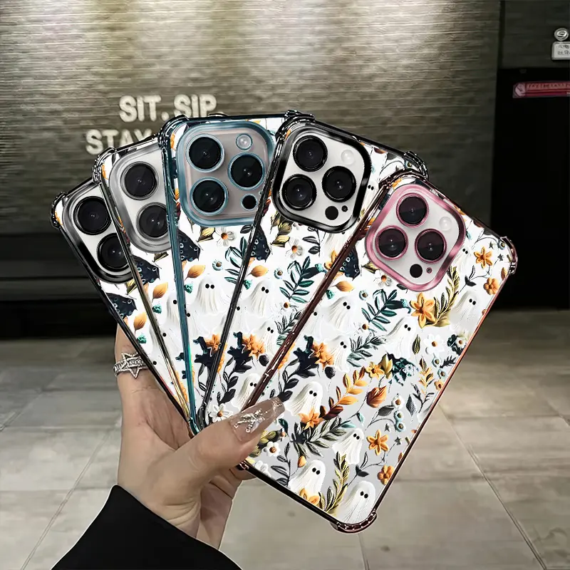 Embossed Ghost Floral Phone case for iPhone Samsung Galaxy 17Pro Max Air 16 15Plus 14 13 12 11 XR XS S25 S24  S23 S22 cases Spooky Season, Premium Protective Bumper with Strap, 3D Floral Texture, Viral Art Case on TikTok.NN44