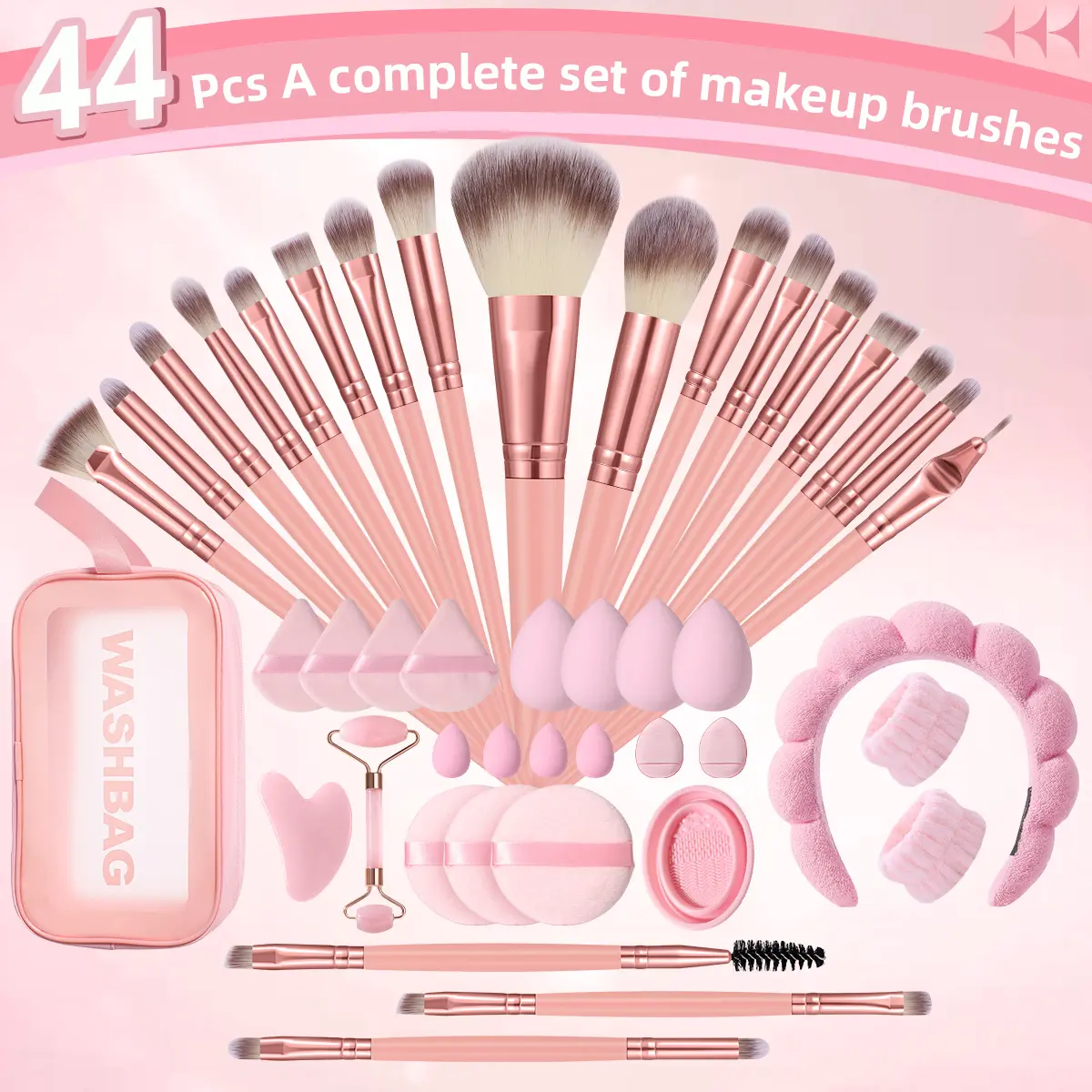 44pcs Face Makeup Tools Kit, 20Pcs Makeup Brushes & Toiletry Bag & Headband & 2Pcs Wrist Strap & 4 Large Makeup Sponge Puffs & 4 Fan Shape Puffs & 4 Mini Makeup Sponges & 3 Large Round Puffs & 2 Thumb Puffs & Jade Roller & Gua Sha Board & Scrubbing Bowl