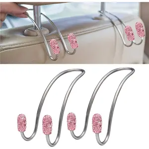Bling Car Seat Hooks, Rhinestone Universal Organizer Hooks Car Headrest Hangers Hooks, Bag Organizers Rack and Hanger, Strong and Durable Auto Backseat Storage Hooks (B-Pink)