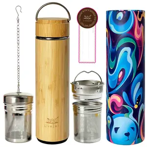 18oz Bamboo Tea Tumbler with Lid and 2 Pack Tea Filters for Loose Leaf Tea – Stainless Steel Insulated Tea Infuser Bottle with Strainer
