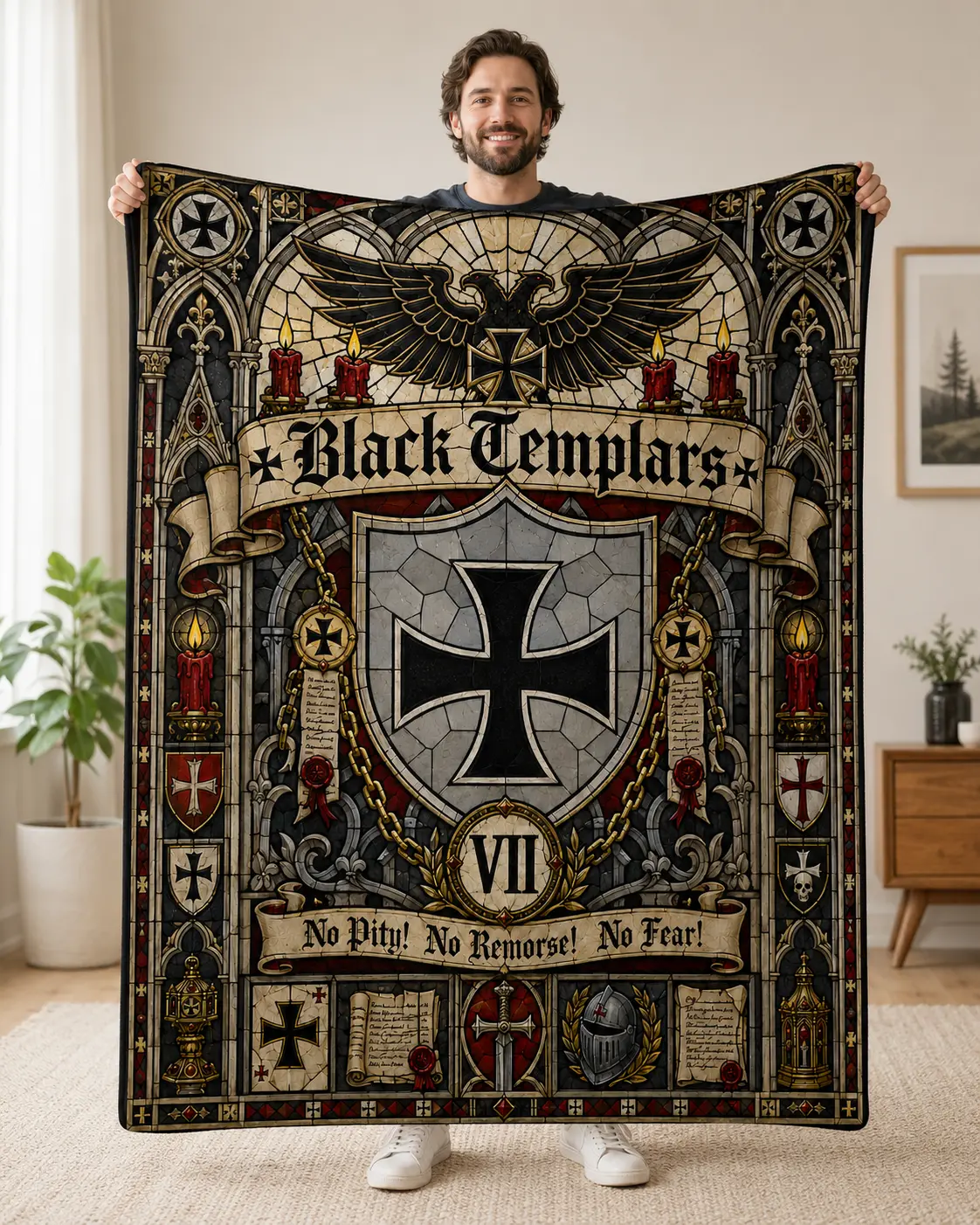 Warhammer 40K Black Templars Blanket | Eternal Crusade Fan Gift | Faux Stained Glass Imperial Faction Throw | Grimdark Lore Merch | Soft Plush Fleece Bedding & Cozy Couch Accessory for Miniature Painters