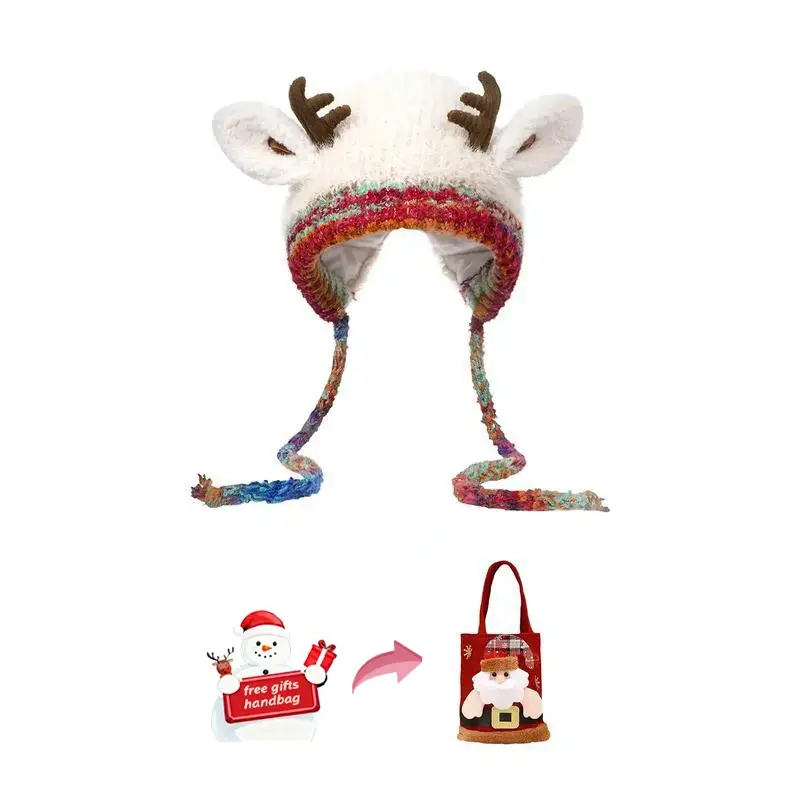 Soft Knit Antler Beanie with Full Ear Flap for Adults & Kids, Stretch-Fit Christmas Party Accessories, Cold Resistant, Hat