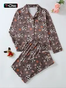 Two-piece Set Women's All Over Dog Print Lapel Neck Button Front Pajama Set, Casual Comfy Long Sleeve Top & Pants Pj Set, Women's Sleepwear for Spring & Fall, Cartoon Print Pajama