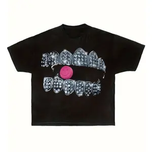Diamond Teeth Grillz Graphic T-Shirt Oversized Streetwear Unisex 100% Cotton Baggy Fit Hip Hop Fashion