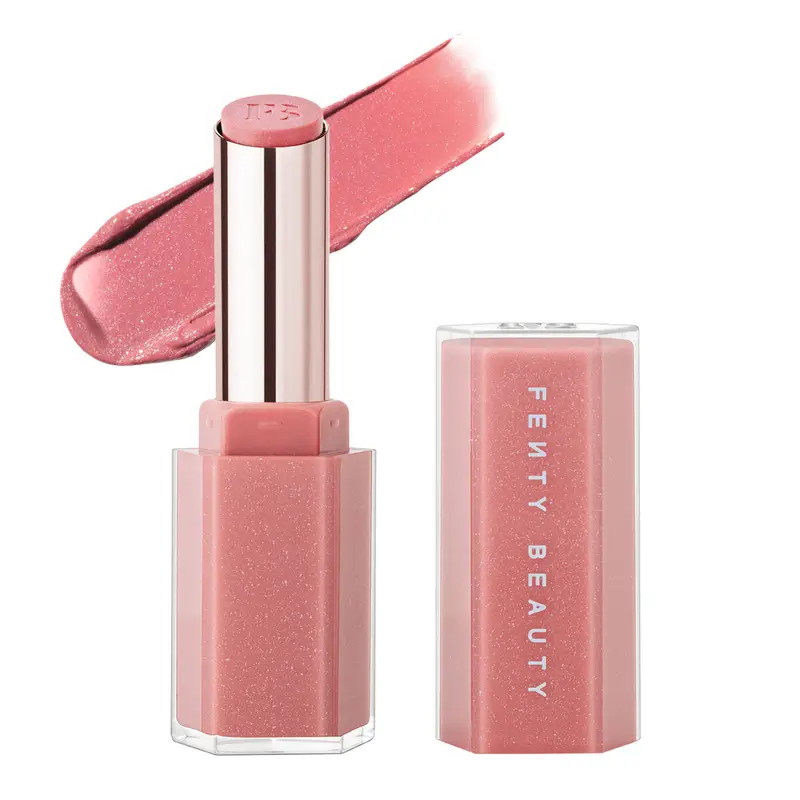 Fenty Beauty Gloss Bomb Stix High-Shine Lip Gloss Stick — Shimmering Fu$$y — dusty pink glitter shimmer shade — glossy lipstick