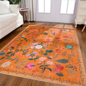 Floral Boho Imitation Cashmere Printed Area Rugs, Washable Machine, Non Slip Low Pile Vintage Large Carpet for Living Room, Bedroom, Farmhouse, Dining Room, Kids Playroom, Orange, Pink, Black, Green, Beige,2x3, 2x6, 4x6, 5x7, 6x9, 8x10, 9x12 Feet
