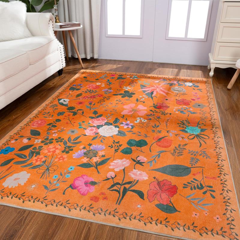 Floral Boho Imitation Cashmere Printed Area Rugs, Washable Machine, Non Slip Low Pile Vintage Large Carpet for Living Room, Bedroom, Farmhouse, Dining Room, Kids Playroom, Orange, Pink, Black, Green, Beige,2x3, 2x6, 4x6, 5x7, 6x9, 8x10, 9x12 Feet