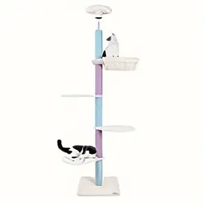 Floor to Ceiling Cat Tree Ajustable Height [96.8-108.3 Inches], 5 Tiers Tall Cat Tower with Cat Hammock and Scratching Post for Indoor Cats, Blue and Purple