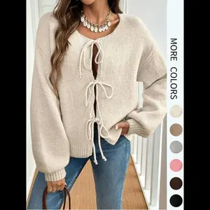 Women's Solid Color Tie Front Drop Shoulder Cardigan, Casual Long Sleeve Knitwear for Fall & Winter, Fashion Women's Knit Clothing for Daily Wear, Tops