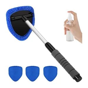 Windshield Cleaner Tool Car Interior Window Detailing Kit with Extendable Handle 4 Reusable Microfiber Pads Auto Glass Wiper Brush Set for Car Home Blue