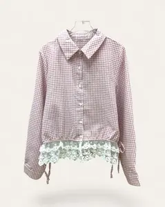 Women's Casual Chic Cotton-Polyester Blend Gingham Blouse - Button-Front, Lace Hem, Drawstring Cropped Shirts for Women's Clothes