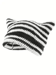 Striped Cat Ear Hat, Warm Beanie Hat for Women & Men, Pullover Hat for Outdoors, Fashion Accessories for Fall & Winter
