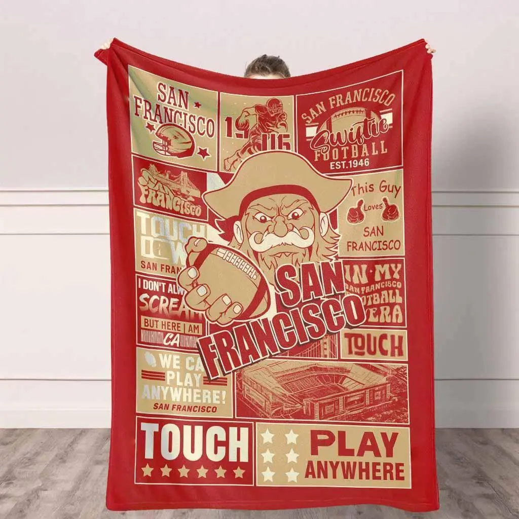 San Francisco City Football Flannel Blanket Print Soft Warm Cozy Lightweight Perfect for Game Day Living Room Bed Room Couch Sofa Travel Unique Gift Idea for Sports Fans tiktokshopspringglowup