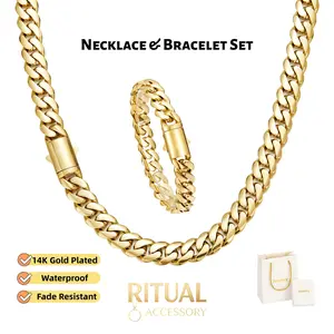 Set 14K Gold Plated Cuban Link Chain Necklace & Bracelet for Men Women, Chain Width 6mm-14mm, Necklace Length 16-30 Inch, Bracelet Length 7.5/8.5 Inch, Waterproof Tarnish Resistant, Ideal Gift for Daily Wear & Gifting