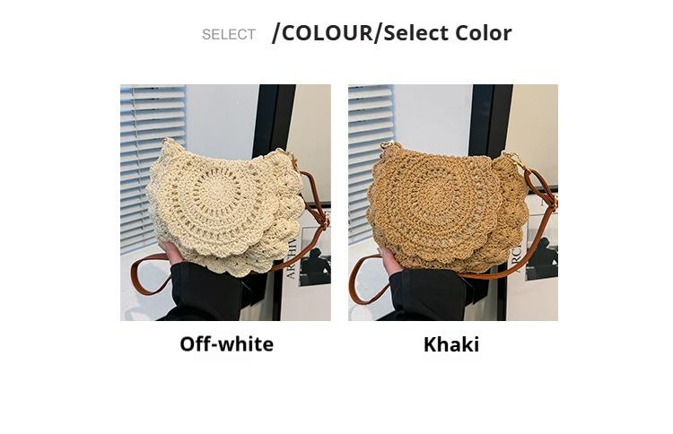Lace-trimmed crossbody cotton woven bag, openwork straw shoulder bag, vacation-style beach bag, versatile women's bag.