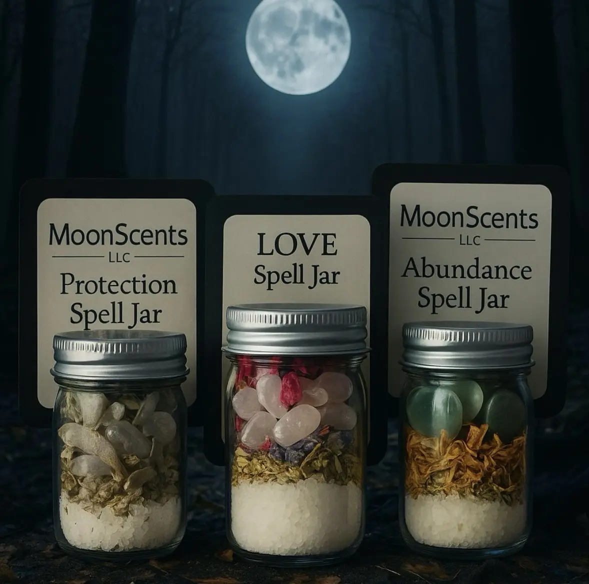MoonScents RitualSPELL JARS: Love & Attraction, Abundance, Protection - 2.5" Glass Jars with Intention, Herbs, Flowers, Sea Salt