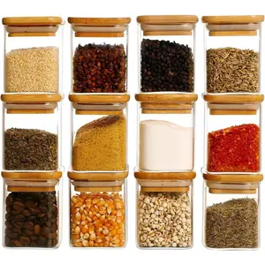 12 Pcs Square Glass Spice Jars with Natural Bamboo Lids - 5oz Airtight Herb Containers with 148 Waterproof Minimalist Spice Labels Preprinted - Empty Small Seasoning Jars for Kitchen Pantry