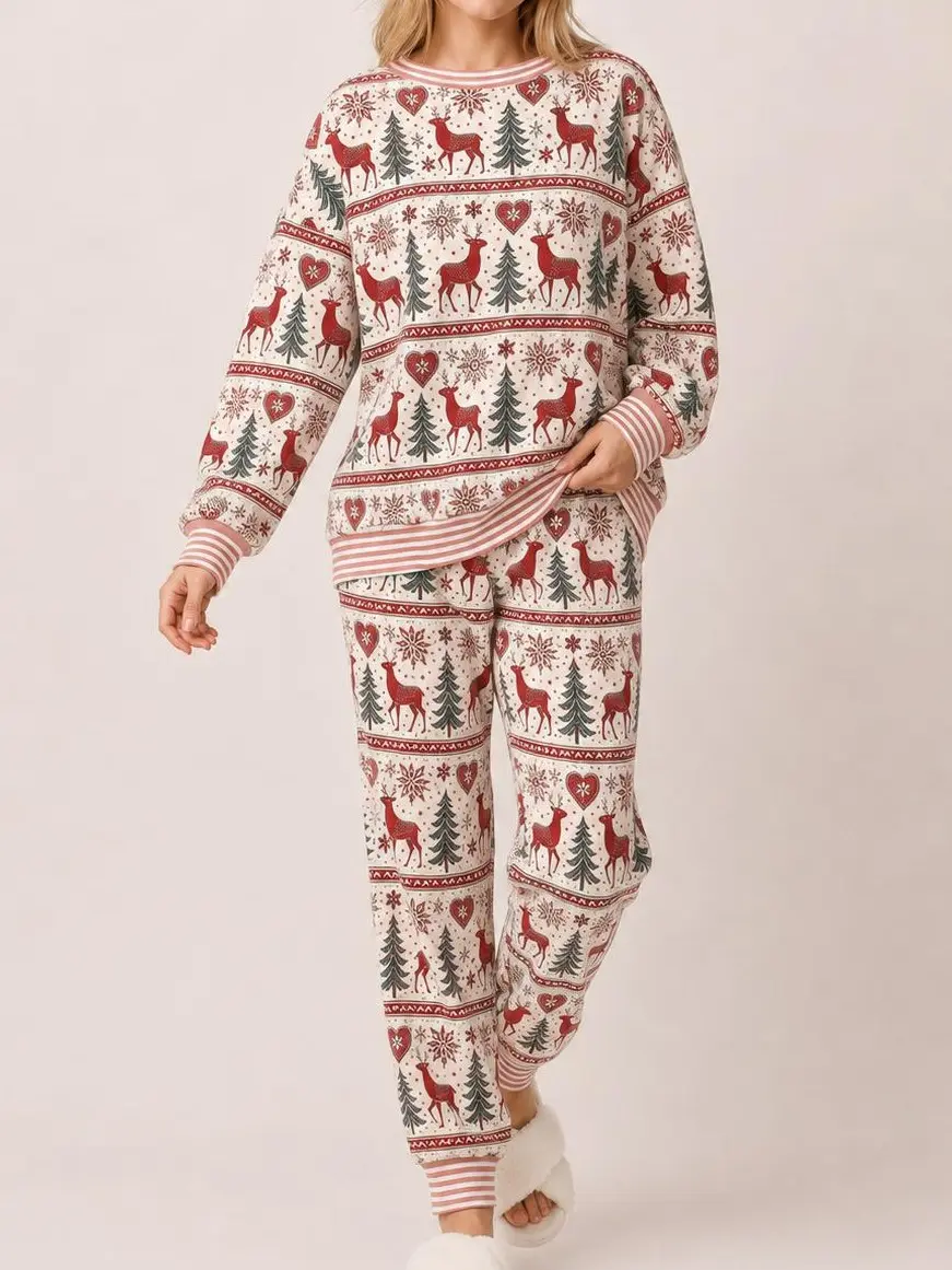 Women's Christmas Pajama Set, Cute Reindeer Snowflake Tree Print Long Sleeve Lounge Set, Cozy Winter Sleepwear 2 Piece Outfit, Comfy Holiday Festive Homewear Gift for Women