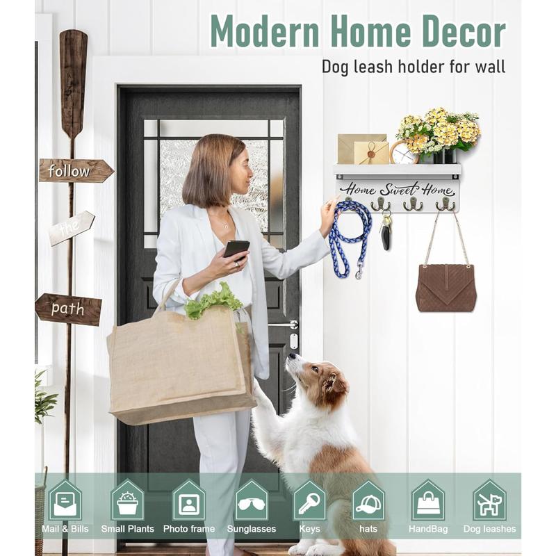 Wall-Mounted Key and Mail Holder, Wooden Key Rack with 4 Double Key Hooks, Rustic Home Decor for Entryway(White) Metal Shelves Decorative Farmhouse