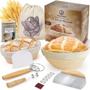 9" Banneton Bread Proofing Basket Set of 2 – Round & Oval Rattan, Sourdough Starter Kit, Includes Lame, Dough Scrapers, Linen Liner Cloth, Dough Whisk, Bread Bag
