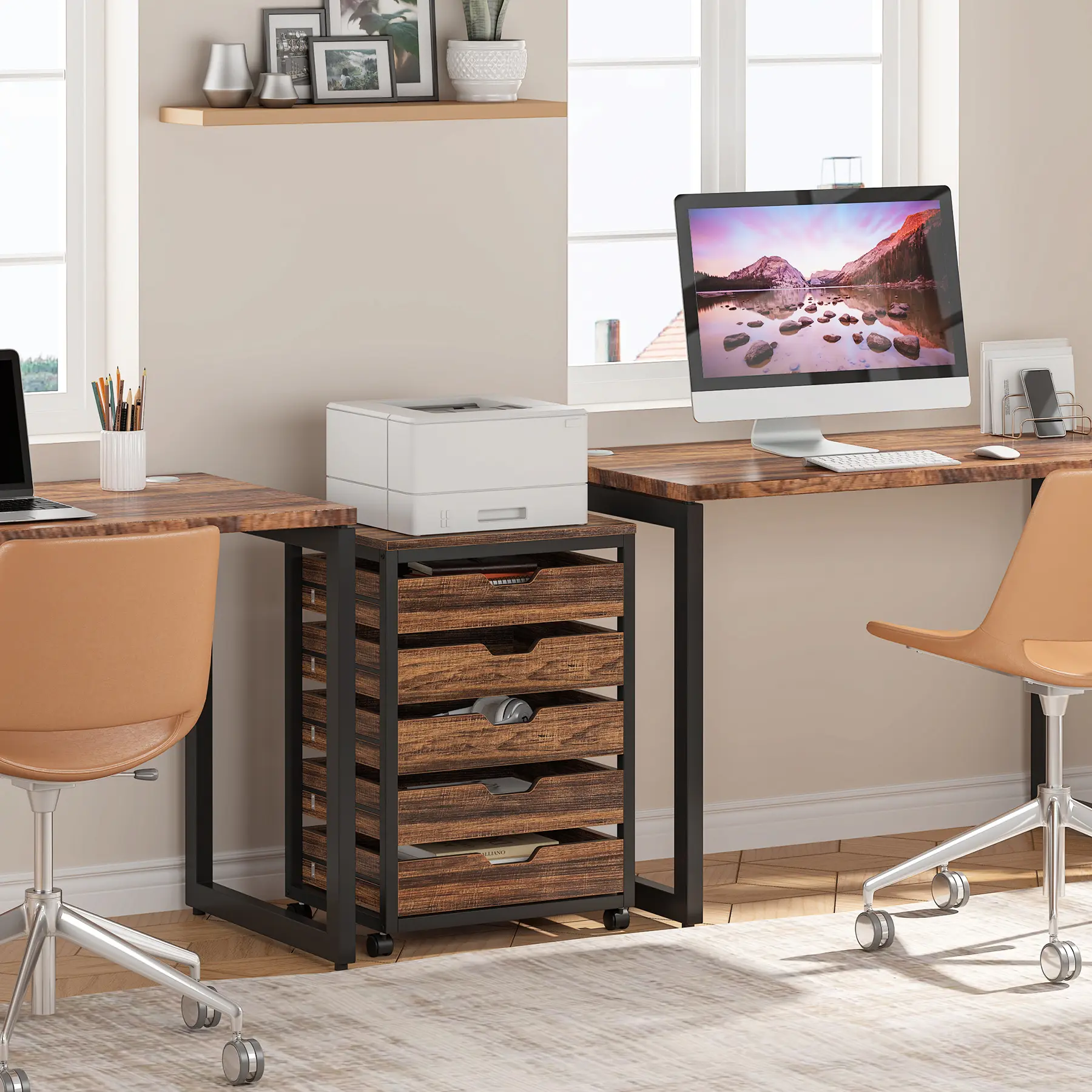 LITTLE TREE 5-Drawer File Cabinet, Wood Mobile Storage Drawer Unit, Industrial Office Cabinet with Drawers & Wheels, Rolling Printer Stand for Home Office