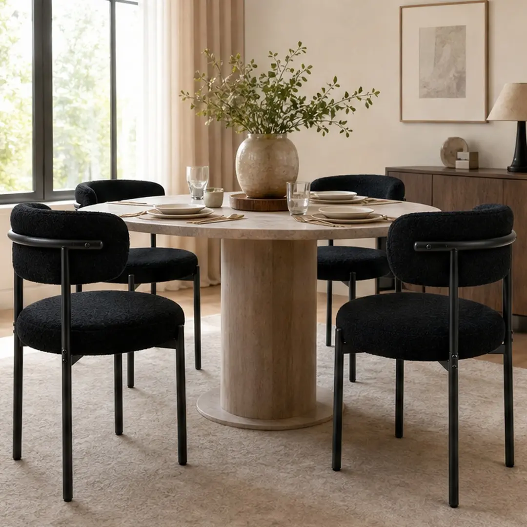 ARCH Set of 4 Stylish, Comfortable Cushioned Multi-Item Modern Dining Chairs - Round Seat Cushions, Black Metal Legs, Curved Ergonomic Tufted Upholstered Kitchen Chairs, 300 lbs Capacity, Easy Assembly, for Dining Room, Living Room, Comfortable Dining Cha