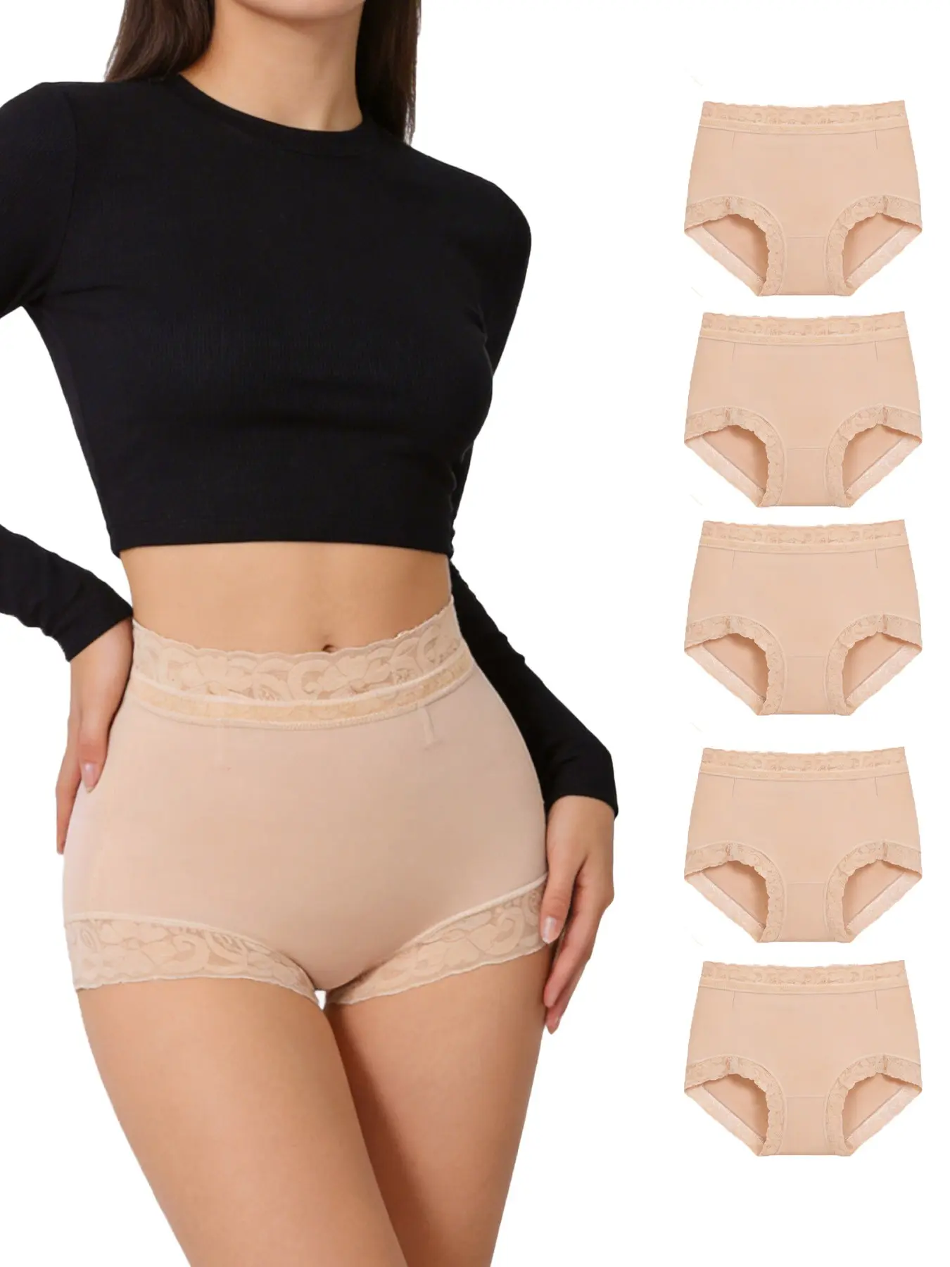5-Piece High-Waisted Butt-Lifting Panties, Lace Trim Tummy Control Briefs, Instant Curve Enhancer & Core Shaper, Anti-Roll Silicon Grip