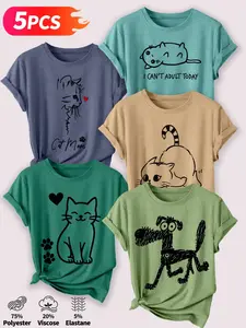 5Pcs Women's Crew Neck Casual T-Shirt, Cat & Dog Stick Figure Slogan Print, Multiple Colors Available, Machine Washable, Spring & Summer Tops, Soft Skin-Friendly Fabric, Daily Versatile, Fashion Design