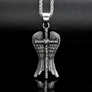 GTHIC Vintage Angel Wing Cross Stainless Steel Pendant Fashion Simple Jewelry Accessories for Men Women Daily Wear