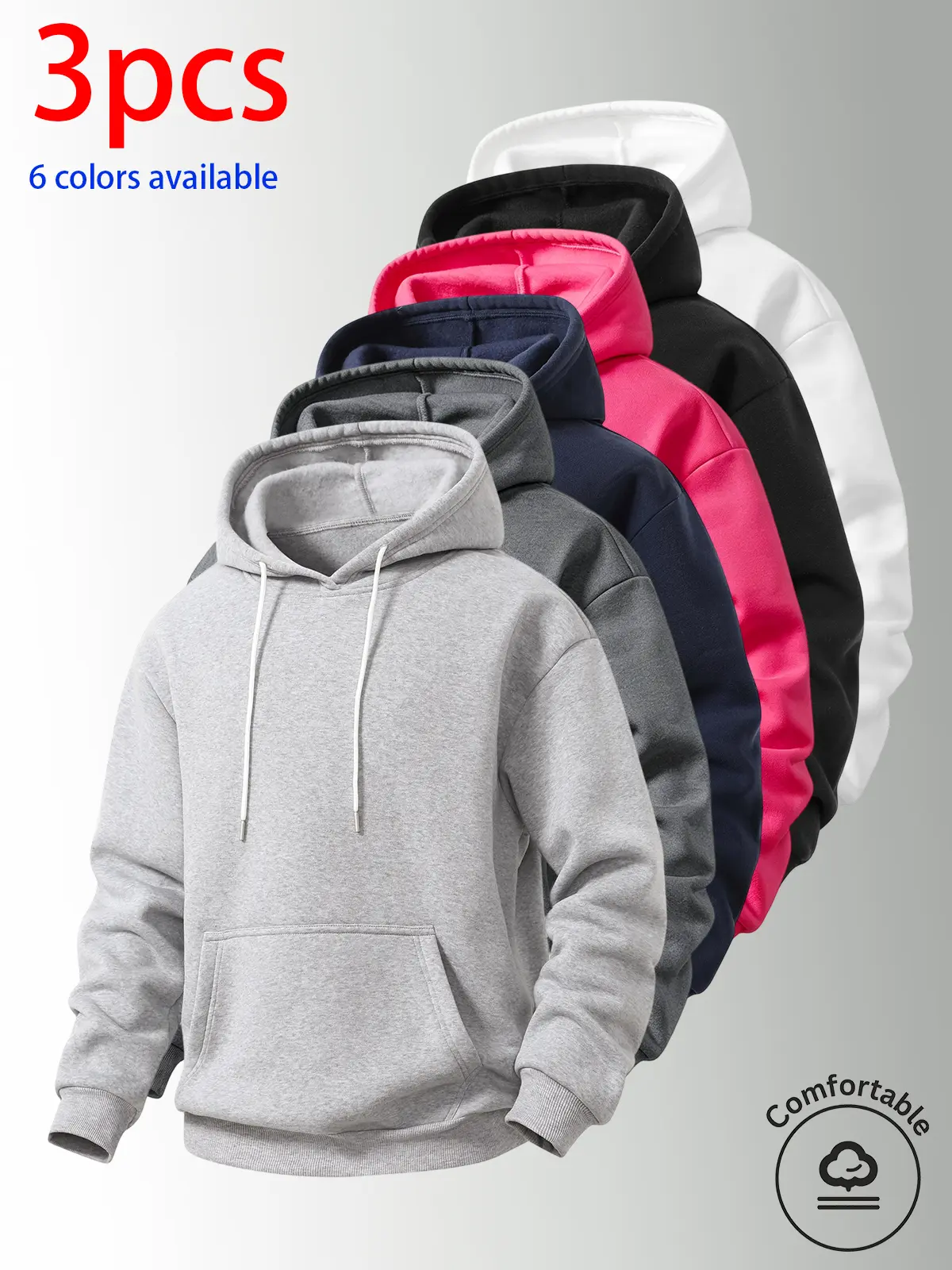 3-pack: men’s hooded sweatshirt, men’s sweatshirt. Loose fit with drawstring kangaroo pockets—super practical. Soft, comfortable, skin-friendly fabric. Simple solid-color design, available in multiple colors. Suitable for daily commuting, shopping, home w
