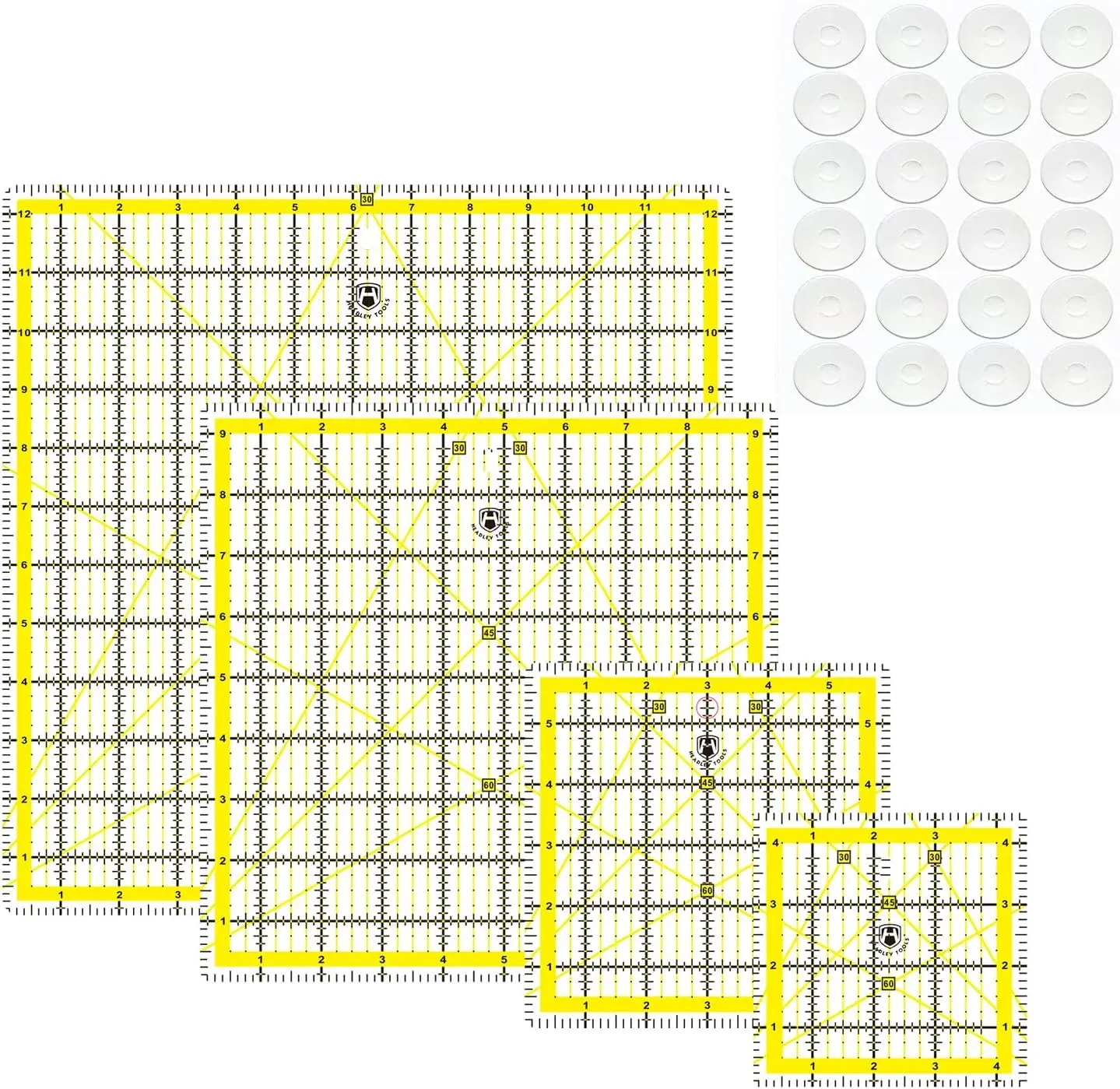 Quilting Rulers,4 Square Ruler Quilting Templates(4.5",6", 9.5",12.5"),Fabric  Ruler  Rulers for Quilting and Sewing,with Non-Slip Rings 20 count, Yellow