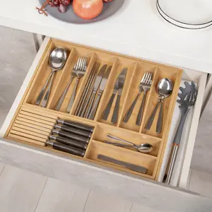 Kitchen Silverware Drawer Organizer, Expandable Utensil Tray & Cutlery Storage with Adjustable Wooden Tableware Dividers, Includes Detachable Knife Block, Natural Finish.Sure